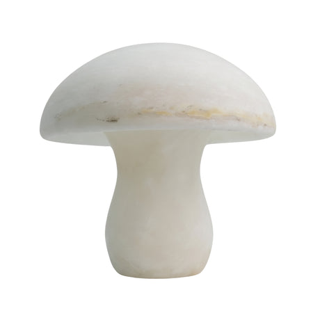 Morfia mushroom-shaped table lamp in natural alabaster with a domed cap and rounded stem base, shown off against a plain white background.