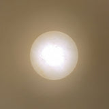 Solenne LED Halo wall light with a round domed alabaster disc glowing warm white, set on a brushed brass circular backplate against a neutral wall.