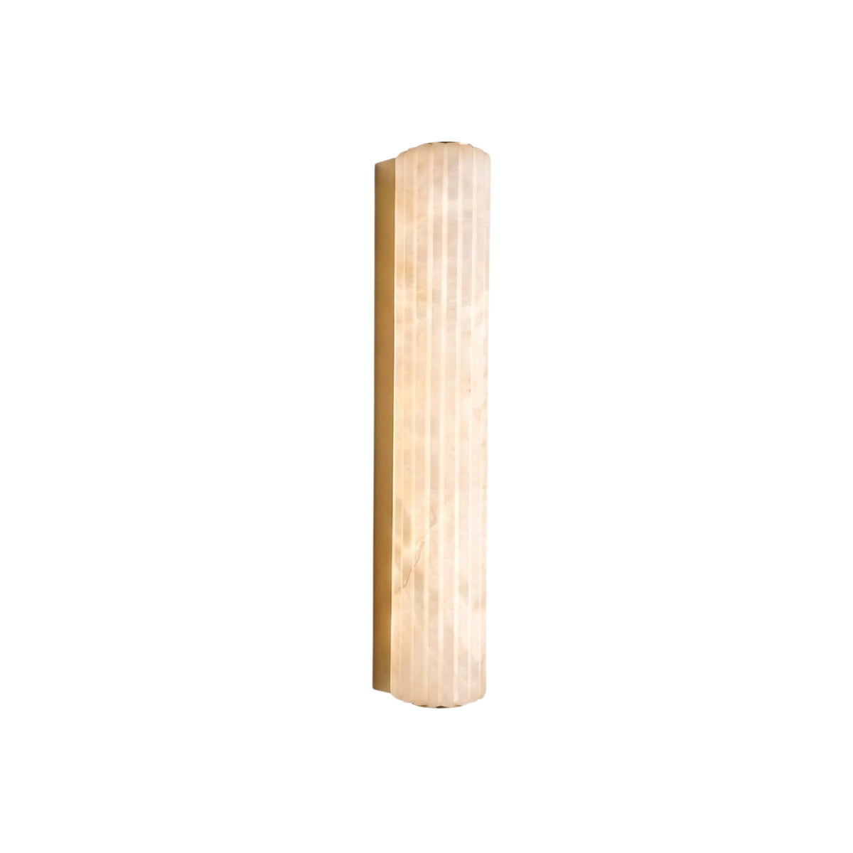 Zenvia LED Alabaster Wall Light in Brushed Brass, a tall fluted column-shaped fixture with warm-glowing natural alabaster shade, shown on a plain white background.
