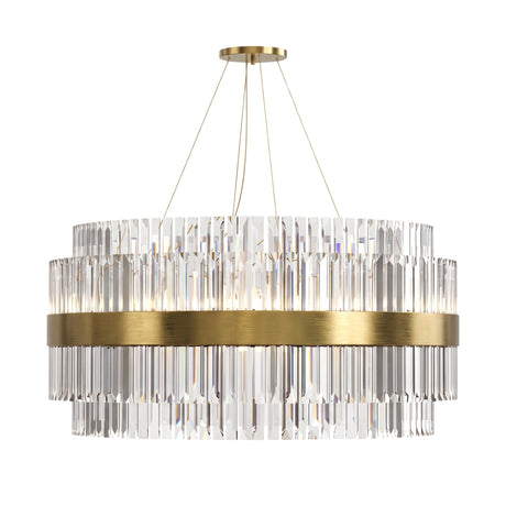 Liberty 24 Light Crystal Chandelier in gold brass, a two-tier round fixture with vertical crystal rods around a polished brass band, shown on a plain white background.