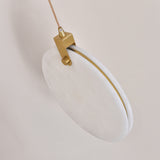 Luna LED Alabaster Disc Pendant Light, 200mm circular white alabaster shade with brushed brass rim and hinge, suspended on a slim cable against a plain light background.