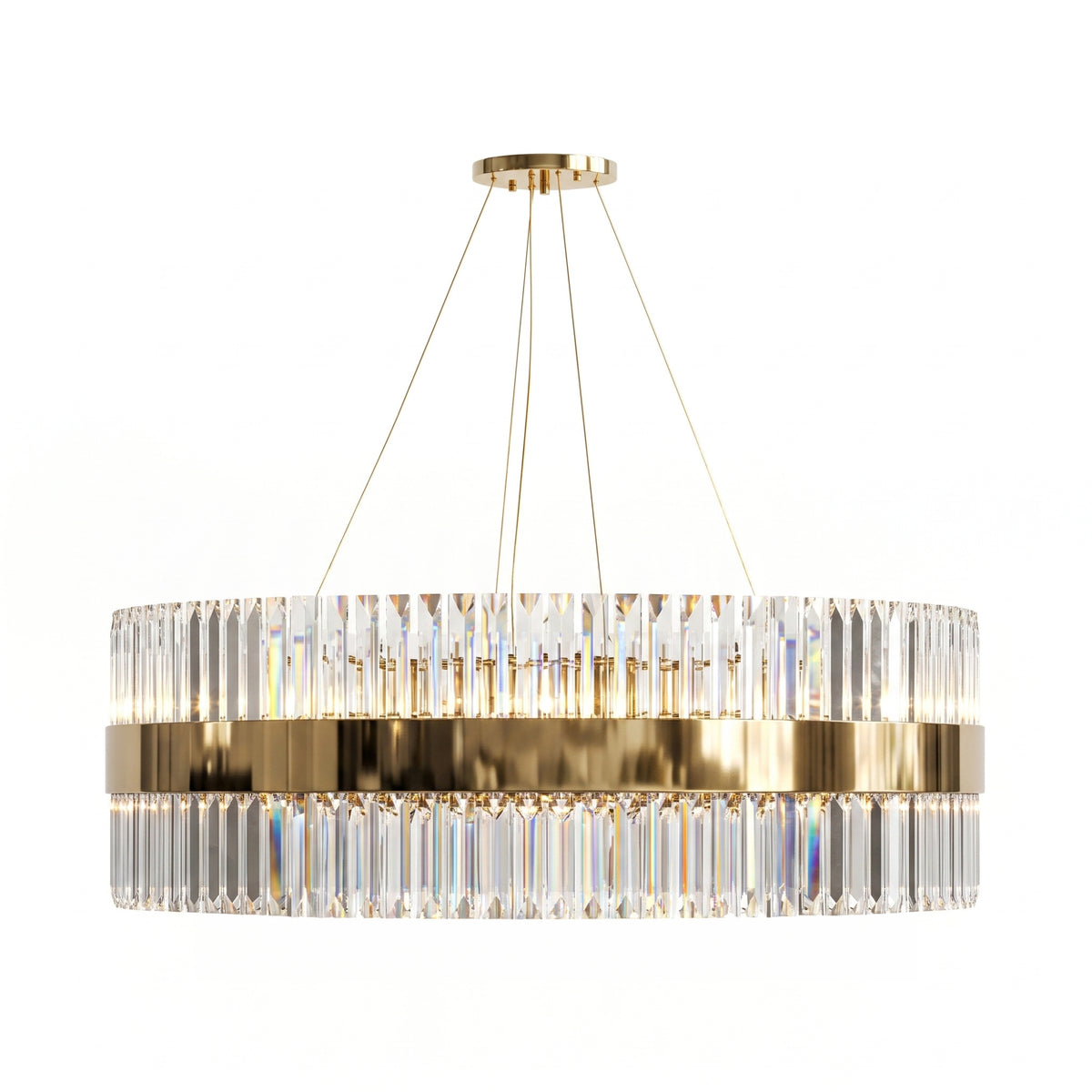 Gold oval two-tier LED crystal glass chandelier with clear prisms around a polished band, hung from a round ceiling canopy on four cables.