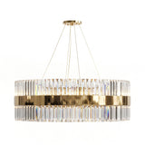 Gold oval two-tier LED crystal glass chandelier with clear prisms around a polished band, hung from a round ceiling canopy on four cables.
