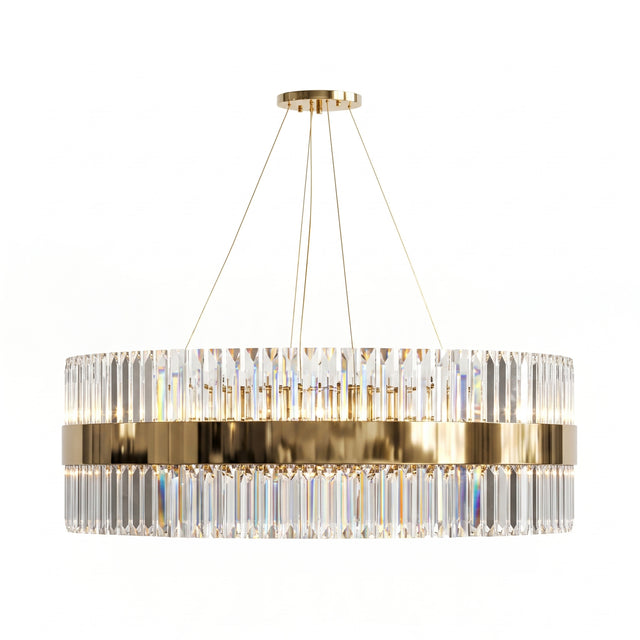 Gold oval two-tier LED crystal glass chandelier with clear prisms around a polished band, hung from a round ceiling canopy on four cables.