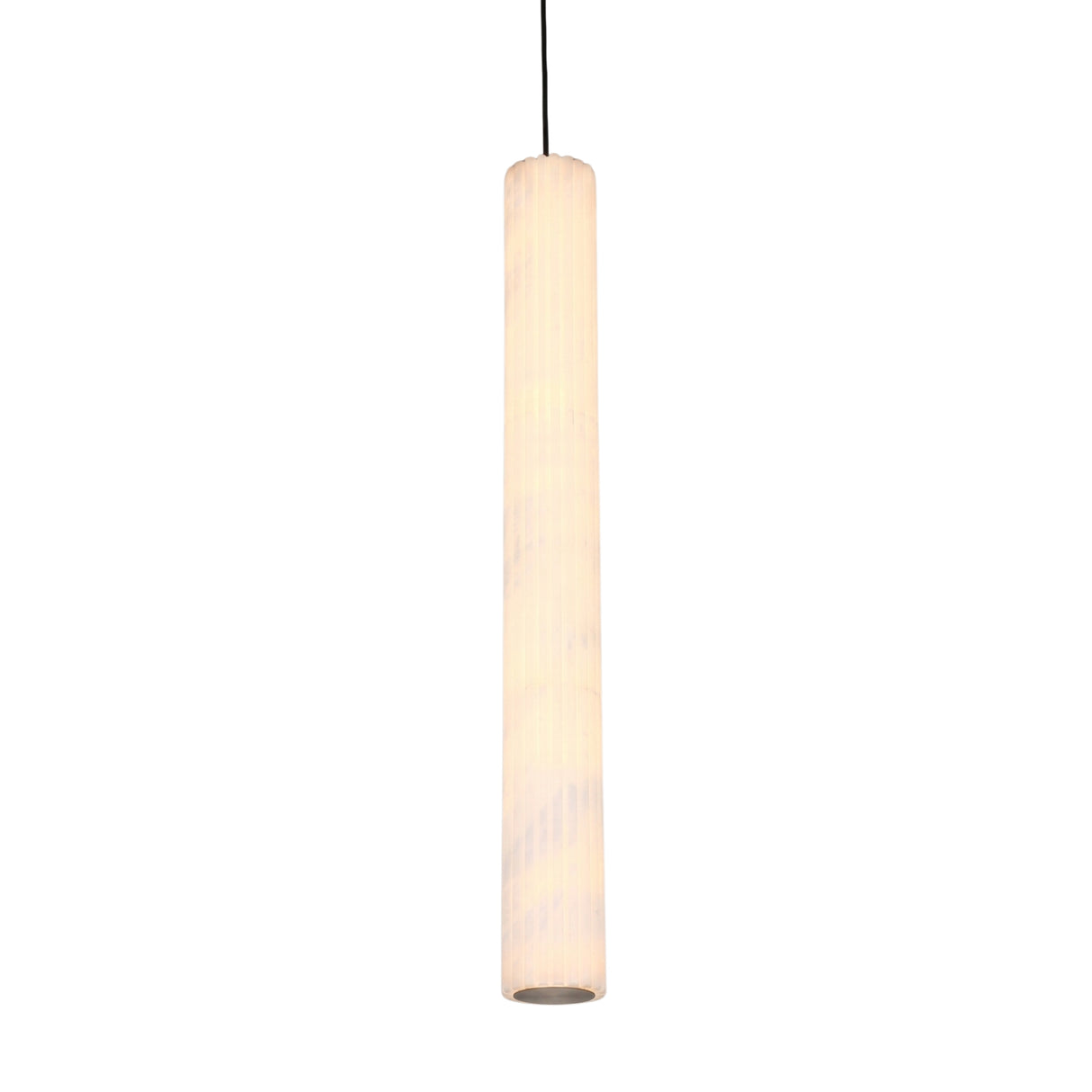 Zenvia LED alabaster single pendant light, a slim glowing column shade with brushed brass ceiling cap and black cable, shown on a plain white background.