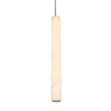 Zenvia LED alabaster single pendant light, a slim glowing column shade with brushed brass ceiling cap and black cable, shown on a plain white background.