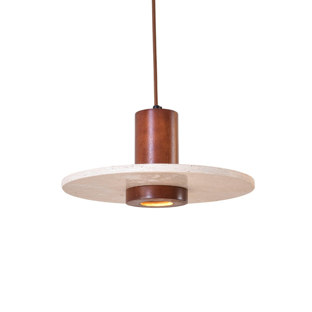 Torvane 1 Light Travertine Disc Pendant Light with a light beige stone disc and walnut brown wooden column, recessed light source, shown on a plain white background.