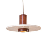 Torvane Travertine Disc Pendant Light with a light beige stone disc, walnut brown wood column, and recessed downward-facing bulb, shown on a plain white background.