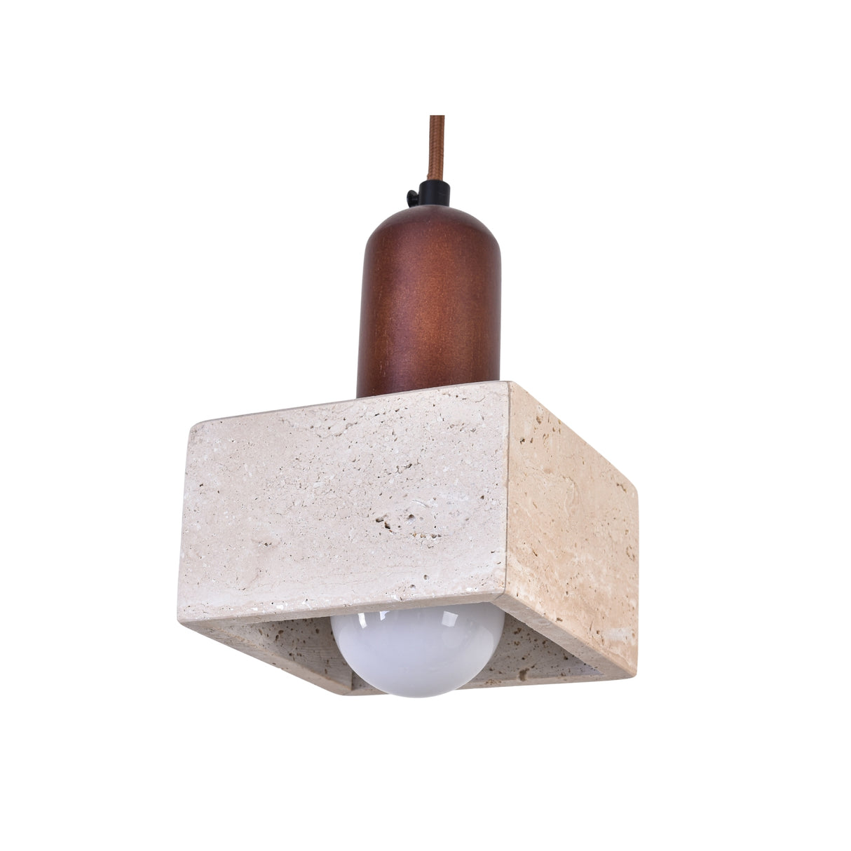 Cavero pendant light with a square light beige travertine block and rounded walnut brown wood top, exposed bulb beneath, on a plain white background.