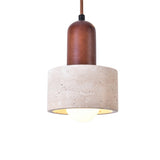 Lunaro 1 Light Travertine Pendant Light in walnut and light beige, with a wooden upper section, cylindrical stone shade, and E27 bulb, shown on a plain white background.