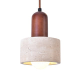 Lunaro Travertine & Walnut Single Pendant Light with a beige cylindrical travertine shade beneath a turned walnut top, suspended on a brown cord, shown on a white background.