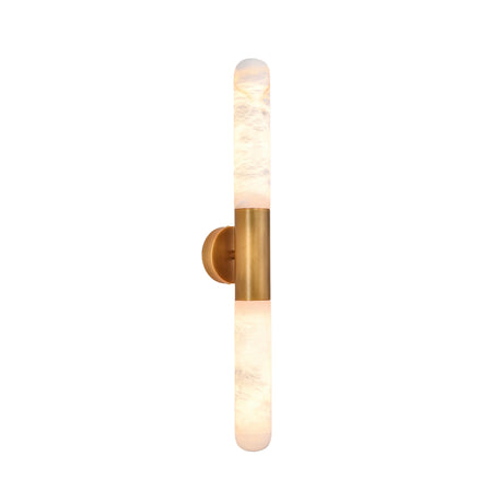 Averin LED Alabaster Wall Light in Brushed Brass, featuring two illuminated vertical alabaster columns joined by a cylindrical brass bracket, shown on a plain white background.