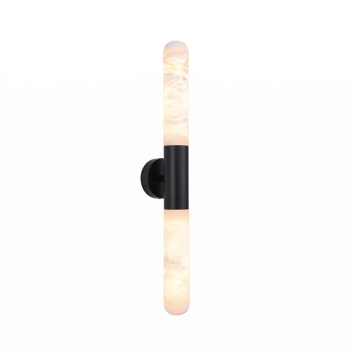 Averin LED Alabaster Wall Light in Matte Black, featuring two vertical alabaster columns joined by a round black centre bracket, shown lit against a plain white background.