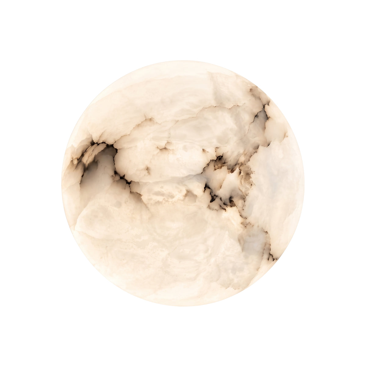 Orvani LED Medium Round Alabaster Wall Light in soft white, a round dome diffuser with natural veining on a copper backplate, shown against a plain white background.