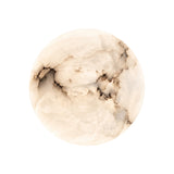 Orvani LED Medium Round Alabaster Wall Light in soft white, a round dome diffuser with natural veining on a copper backplate, shown against a plain white background.