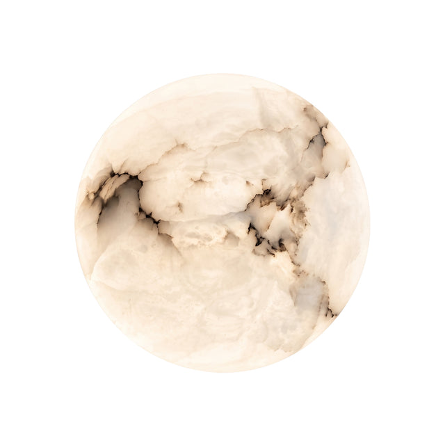 Orvani LED Medium Round Alabaster Wall Light in soft white, a round dome diffuser with natural veining on a copper backplate, shown against a plain white background.