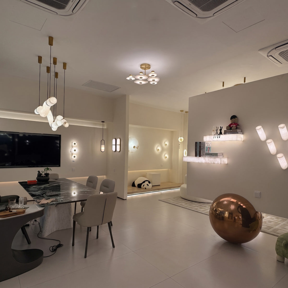 Calyra LED Small Alabaster Semi-Flush Ceiling Light - Brushed Brass