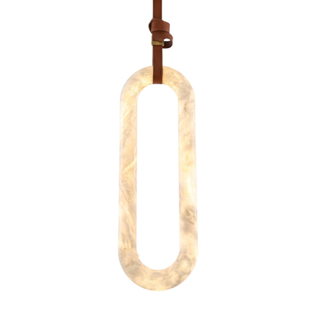 Serava Large LED Alabaster Pendant Light in soft white, an elongated capsule-shaped natural stone shade suspended by a tan leather strap, shown on a plain white background.