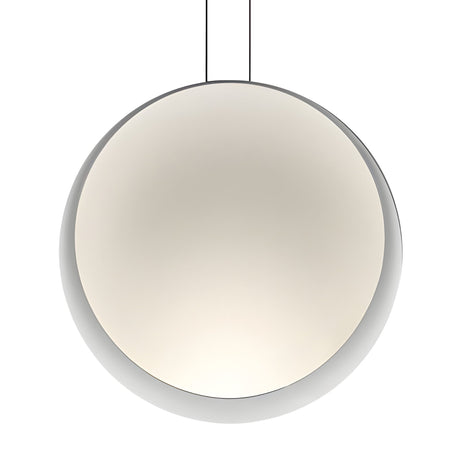 The Cosmos LED Large Pendant Light features a large, round design with a matte finish, suspended by thin black cords. Its minimalist, modern style provides ambient lighting for contemporary spaces.