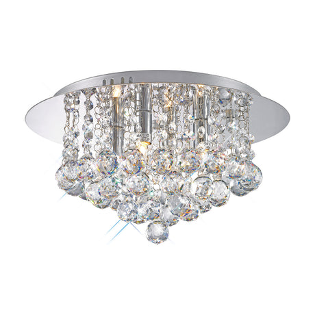 Dahlia 4 Light G9 Flush Ceiling Light 35cm in polished chrome, with clear crystal balls cascading beneath a round chrome plate, shown on a plain white background.