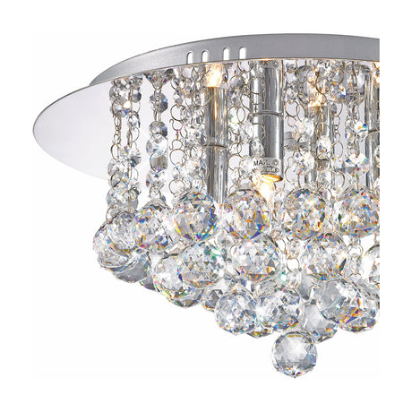 Close-up of the Dahlia 4 Light G9 flush ceiling light, 35cm, showing clear crystal balls and chains cascading from a polished chrome frame on a white background.