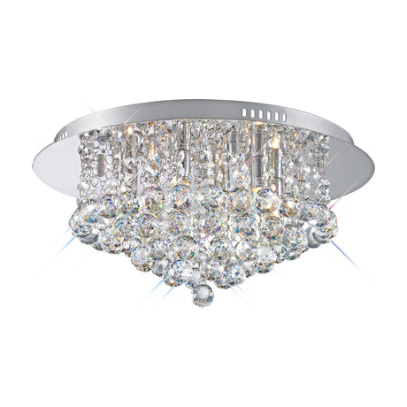 Dahlia 6 Light G9 Flush Ceiling Light, 45cm round polished chrome frame with clusters of clear crystal balls and droplets, shown on a plain white background.