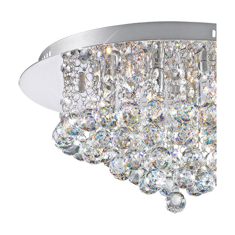 Dahlia 6 Light G9 Flush Ceiling Light, 45cm round polished chrome frame with cascading clear crystal balls and droplets, shown against a plain white background.