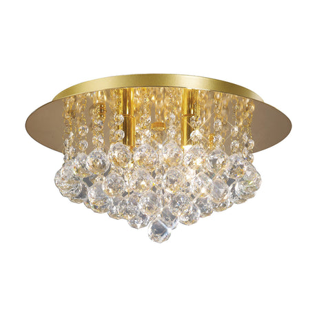 Dahlia 4 Light G9 flush ceiling light, 35cm French gold frame with cascading clear crystal balls, shown on a plain white background.