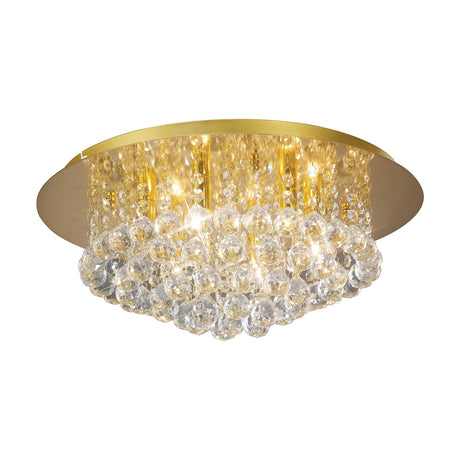 Dahlia 6 Light G9 Flush Ceiling Light 45cm in French gold, a round low-profile fixture with tiered clear crystal balls and visible bulbs, shown on a plain white background.