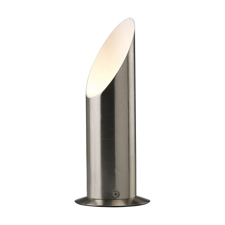 Indio GU10 table lamp in satin nickel, a cylindrical iron base with an angled open top revealing a white interior, shown on a plain white background.