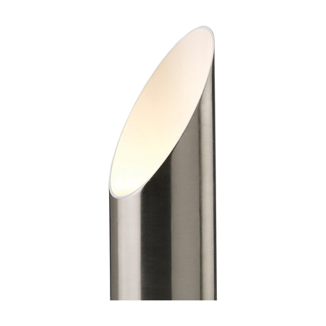 Indio GU10 Table Lamp in satin nickel, cylindrical iron body with an angled top opening revealing a warm-lit interior, shown against a plain white background.