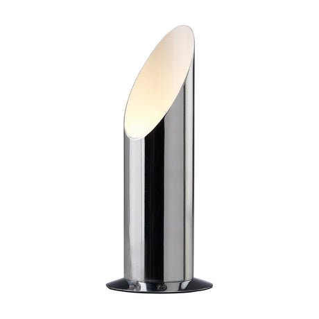 Indio GU10 table lamp in polished chrome, a tall cylindrical iron uplighter with an angled top opening revealing a white interior, set on a round base, shown on a plain white background.