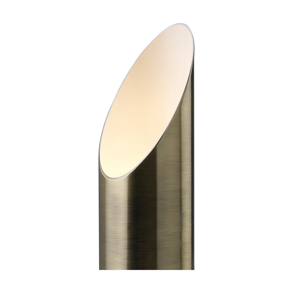 Indio GU10 Table Lamp in antique brass, a cylindrical iron tube with an angled top opening revealing a warm-lit interior, shown against a plain white background.