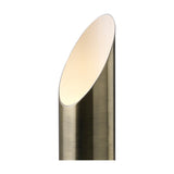 Indio GU10 Table Lamp in antique brass, a cylindrical iron tube with an angled top opening revealing a warm-lit interior, shown against a plain white background.
