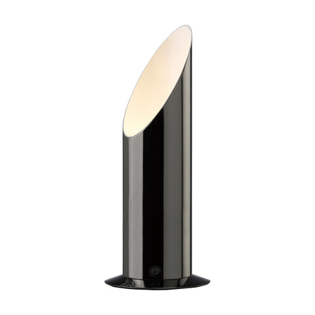 Indio GU10 Table Lamp in black chrome, a cylindrical body with an angled top opening revealing a white interior, set on a round base against a plain white background.
