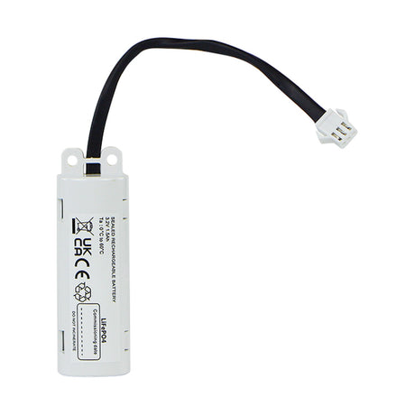 ESP Duceri 3.2V 1800mAh LiFePO4 emergency lighting battery in white enclosure with black lead and white two-pin connector on a plain background.