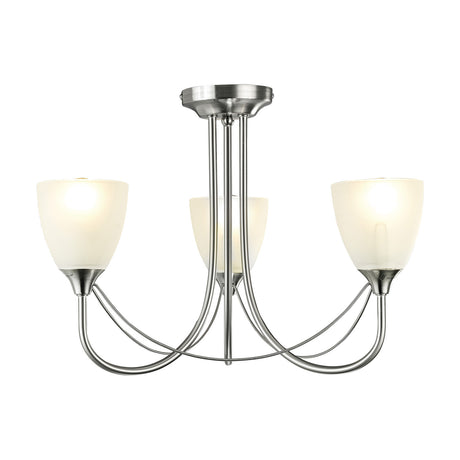 Cooper 3 Light E14 Ceiling Light 46cm in satin nickel, with three opal white glass shades curving outward from a round ceiling plate on a plain white background.