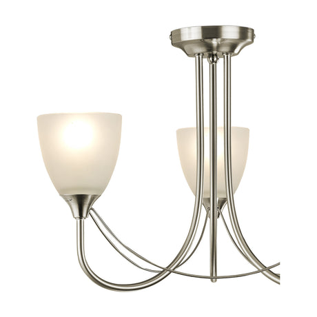 Cooper 3 Light E14 Ceiling Light 46cm in satin nickel, with three opal white glass shades on curved arms beneath a round ceiling plate, shown on a plain white background.