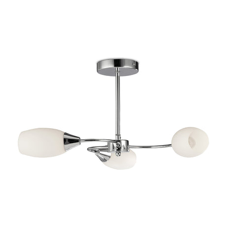 Denia 3 Light E14 Semi Flush Ceiling Light in polished chrome, with three curved arms holding opal glass shades, shown against a plain white background.