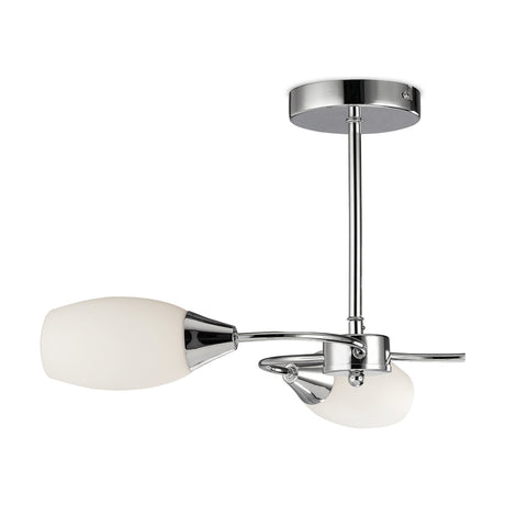 Denia semi-flush ceiling light with polished chrome frame and two visible opal glass shades on angled arms, E14 fitting, shown against a plain white background.