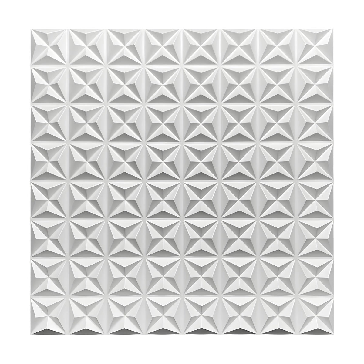 White PVC 3D wall panel, 50 x 50cm, with a repeating grid of faceted triangular star reliefs, shown on a plain white background.
