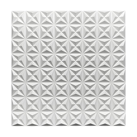 White PVC 3D wall panel, 50 x 50cm, with a repeating grid of faceted triangular star reliefs, shown on a plain white background.