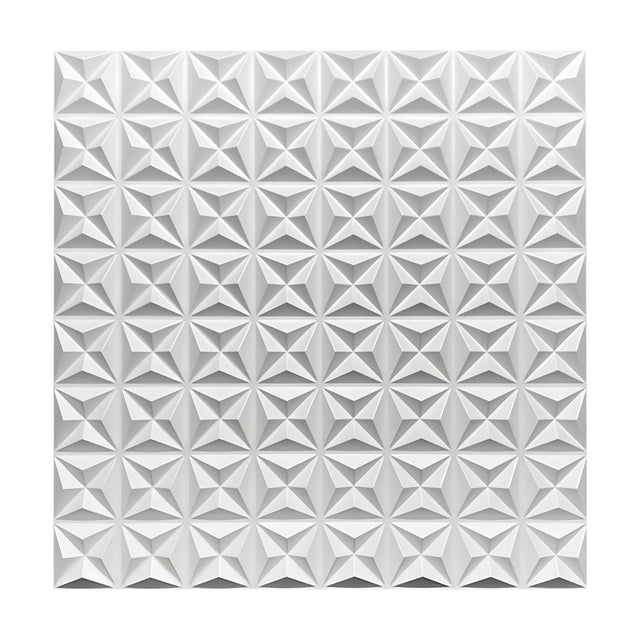 White PVC 3D wall panel, 50 x 50cm, with a repeating grid of faceted triangular star reliefs, shown on a plain white background.