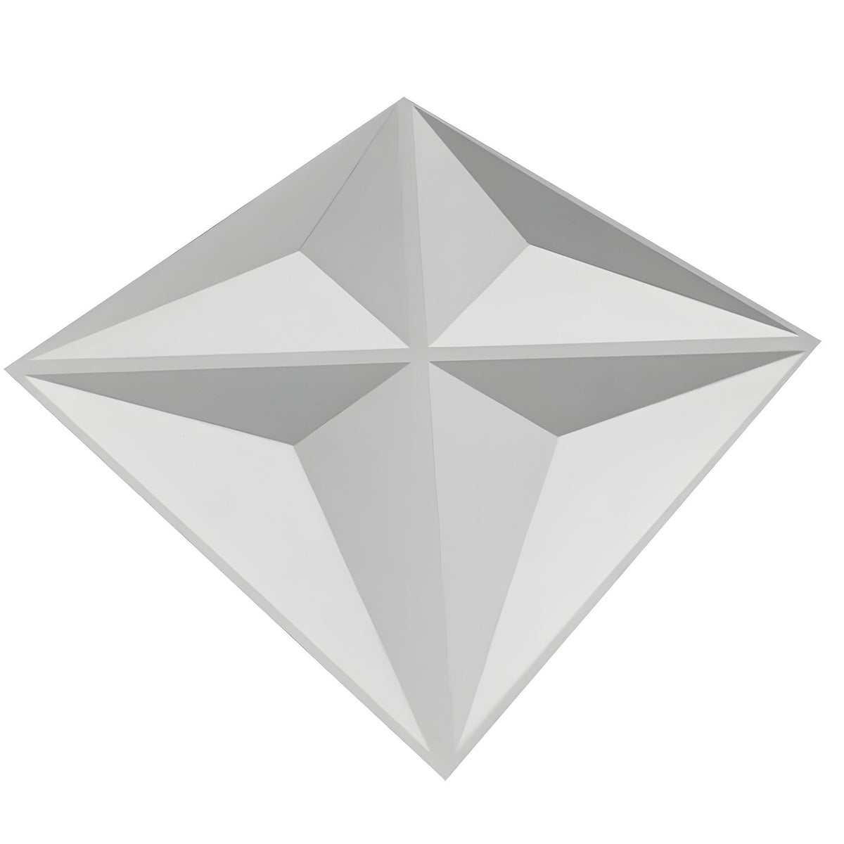 White 3D PVC wall panel, 50 x 50cm, with a diagonal four-pointed star design formed by raised triangular facets meeting at a central ridge, shown on a plain background.