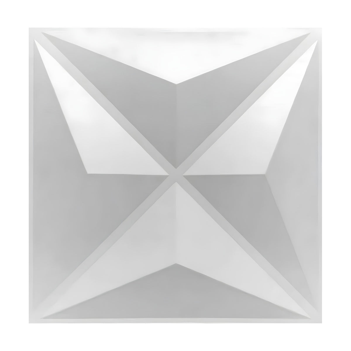 White PVC 3D wall panel, 50 x 50cm, with diagonal grooves forming a four-pointed star of raised triangular facets, shown on a plain white background.