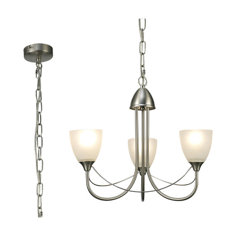 Cooper 3 Light E14 Semi Flush Ceiling Light 46cm in satin nickel with three opal white glass shades, shown with matching chain and ceiling rose on a white background.
