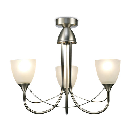 Cooper 3 Light E14 Semi Flush Ceiling Light in satin nickel, 46cm, with three opal white glass shades on curved arms, shown on a plain white background.