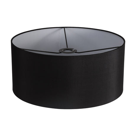 Sigma Cylinder Lamp Shade 40cm in black faux silk fabric with white laminate lining, drum-style shape, shown against a plain white background.