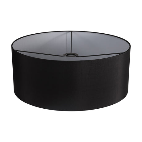 Sigma Cylinder Lamp Shade 50cm in black faux silk, a wide shallow drum shape with white laminate lining, shown on a plain white background.