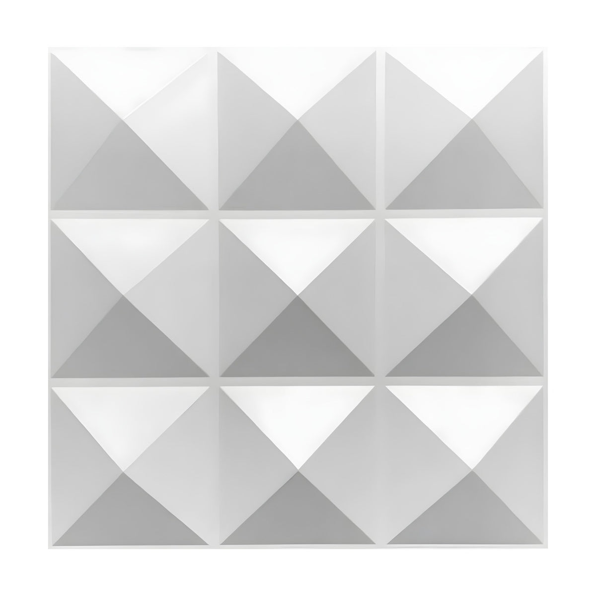 White 3D PVC wall panel, 50 x 50cm, featuring nine raised square pyramids in a three by three grid with crisp geometric relief, shown on a plain white background.